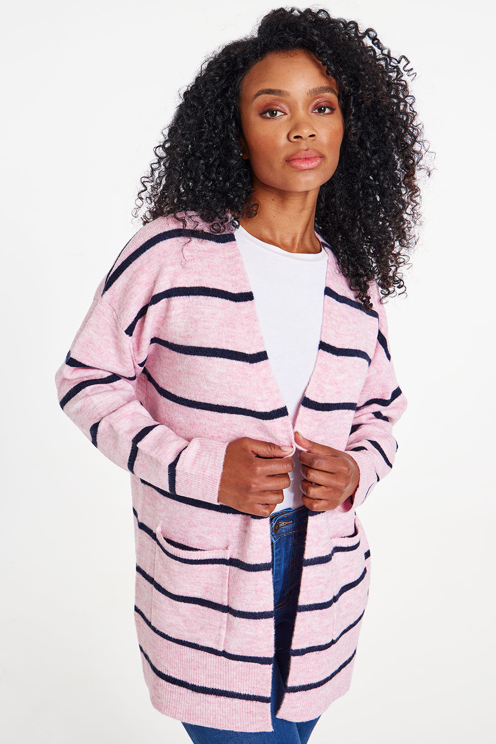 Bonmarche Pink Striped Longline Cardigan, Size: S