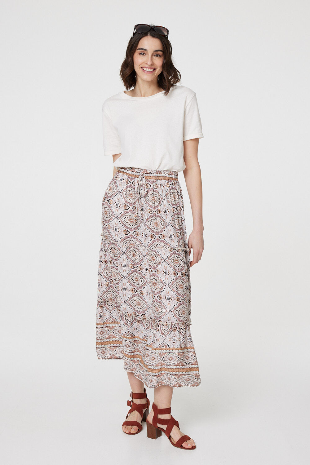 Izabel London Beige - Printed Drawstring Waist Maxi Skirt, Size: 12