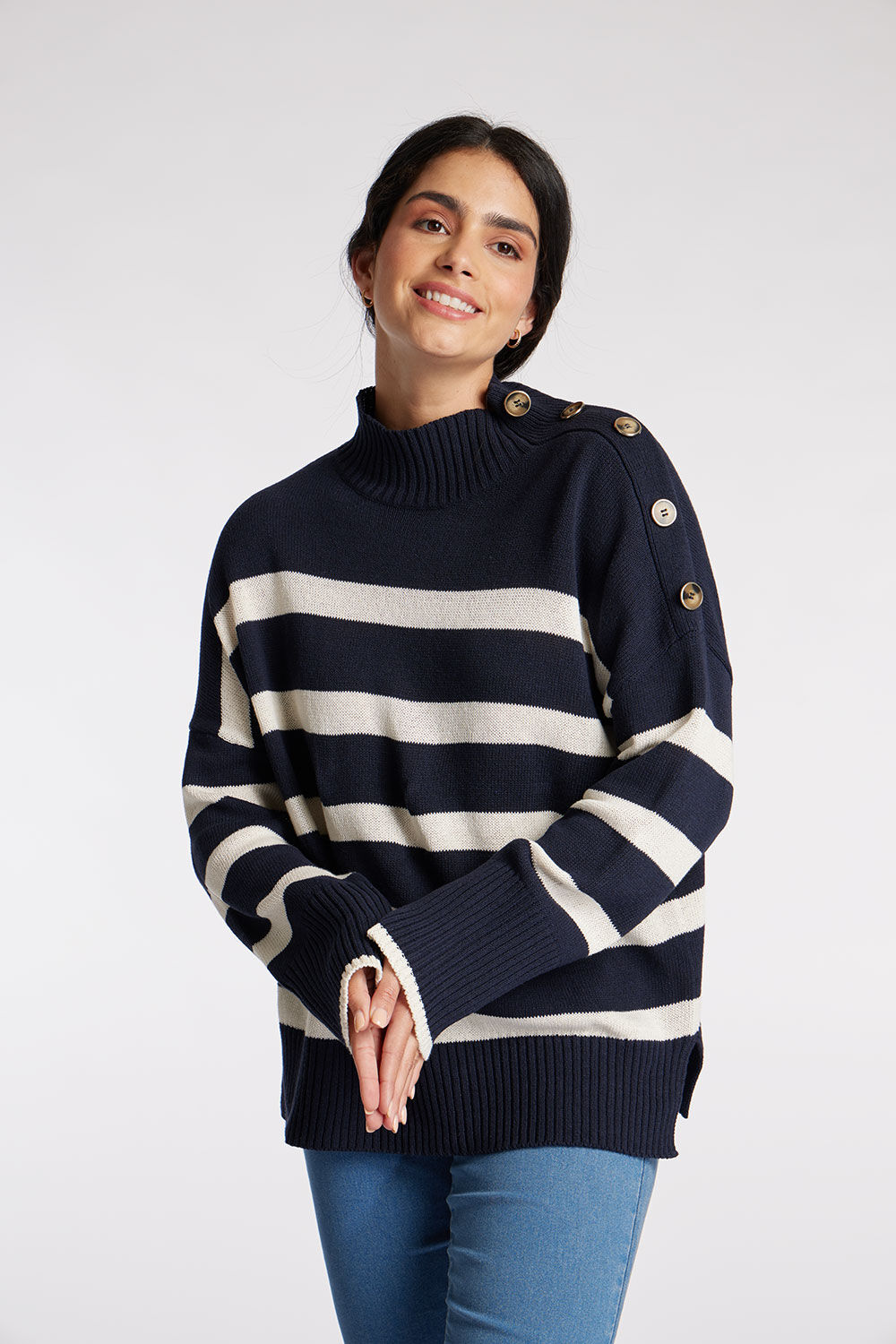 Brave Soul Navy - Striped Turtle Neck Jumper With Button Detail, Size: M