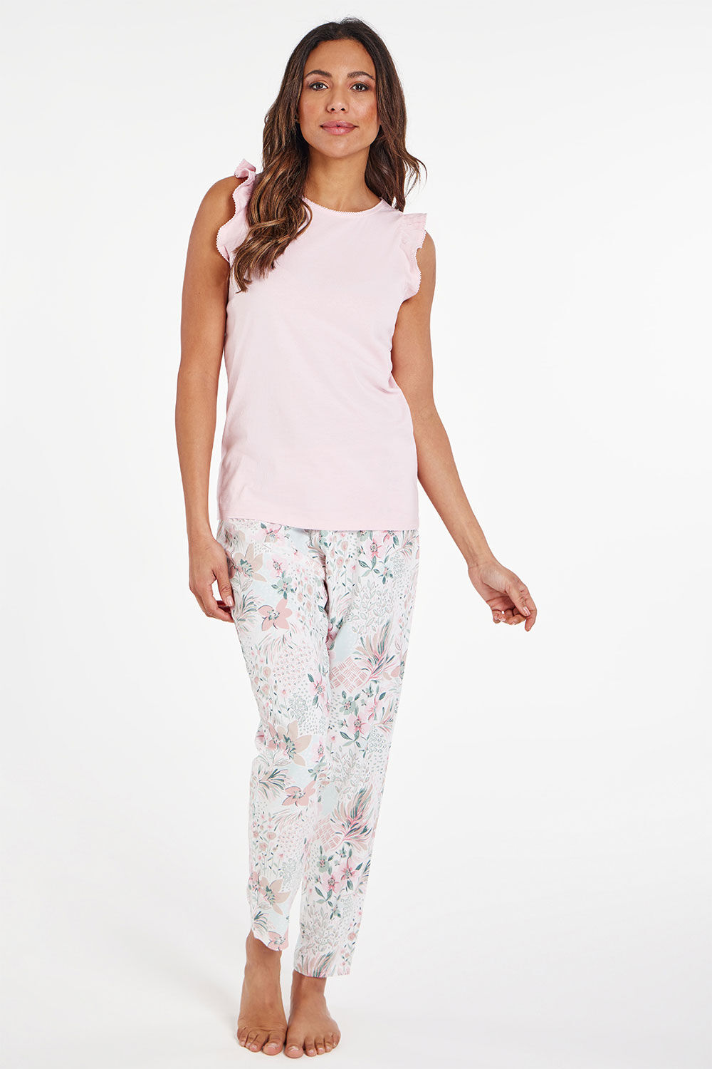 Bonmarche Mint Sleeveless Frill Detail Floral Print Pyjama Set, Size: 08-10