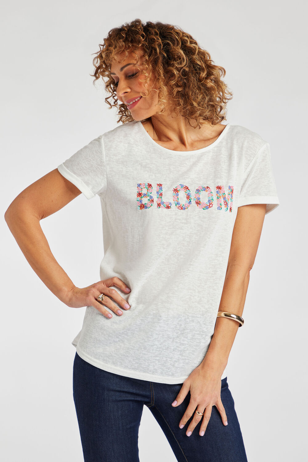 Bonmarche White Short Sleeve Bloom Embroidered T-Shirt, Size: 14