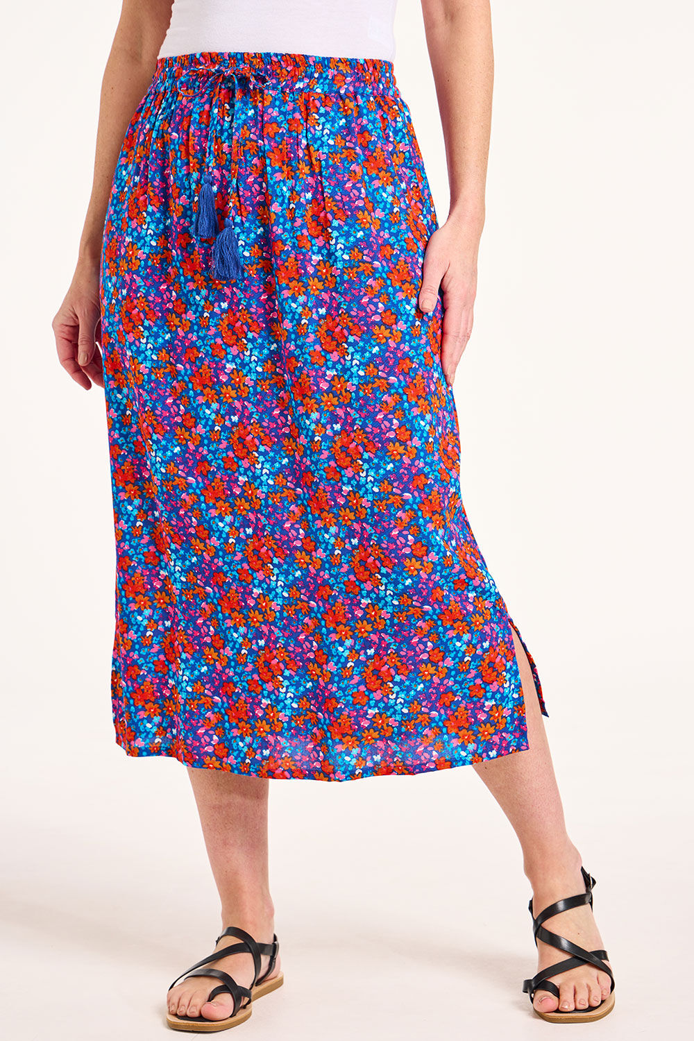 Bonmarche Blue Ditsy Print Tie Waist Midi Skirt, Size: 10