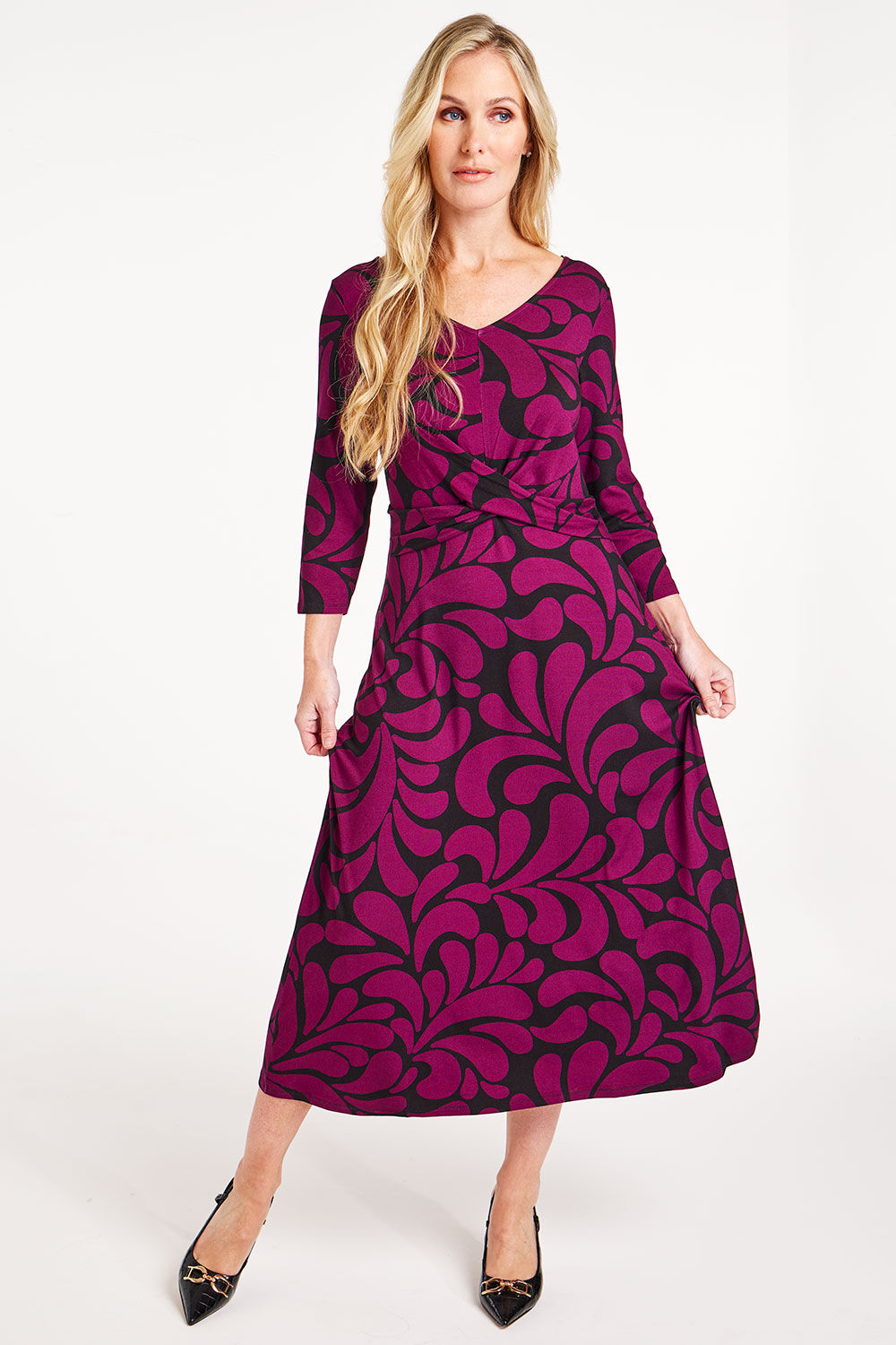 Bonmarche Women’s Purple and Black Viscose Swirl Print Twist Front Jersey Dress, Size: 12