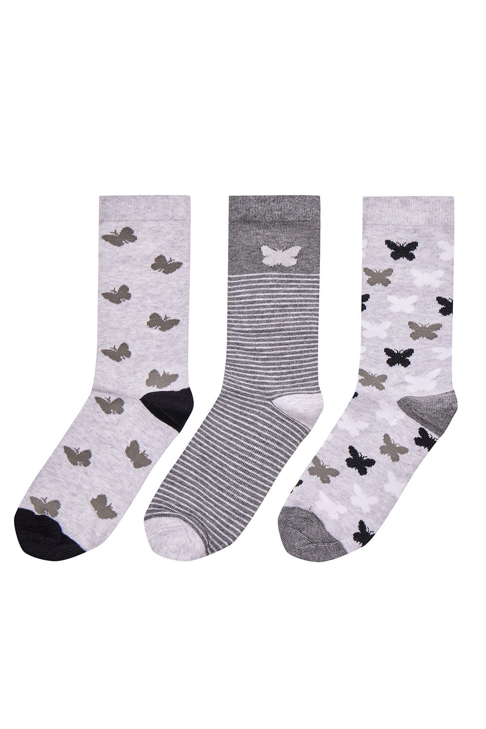 bonmarche 3 pack butterfly and striped print grey marl socks, size: one size