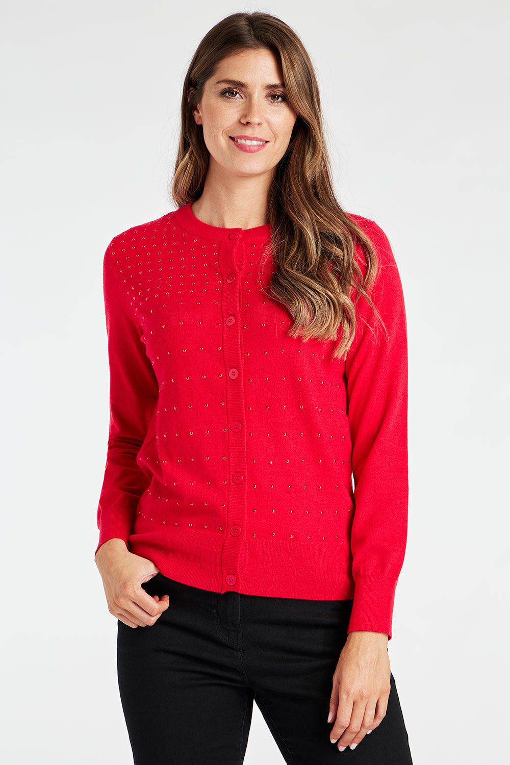 Bonmarche Women’s Red Viscose Stud Front Cardigan with a Button Through Design, Size: 10