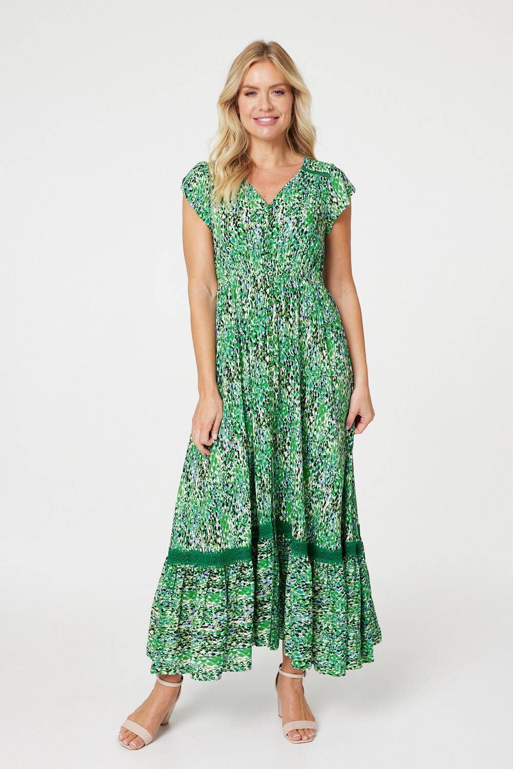 Izabel London Green - Printed Lace Detail Maxi Dress, Size: 12