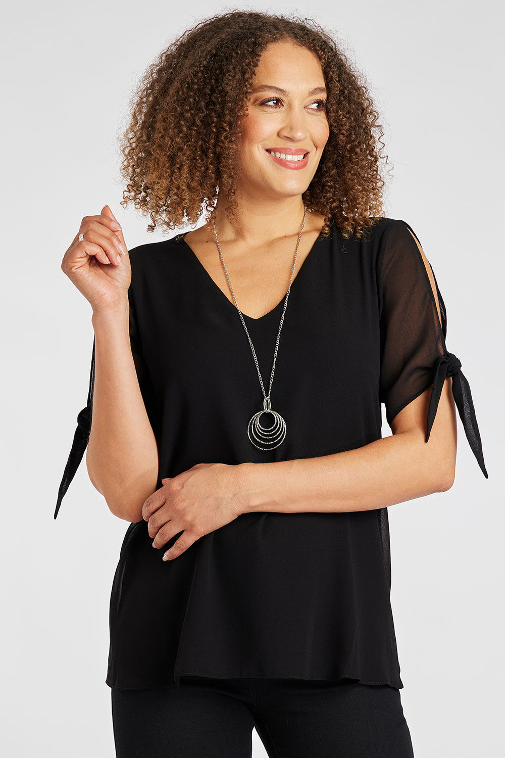 Bonmarche Black Short Sleeve Double Layer Chiffon Top With Necklace, Size: 12