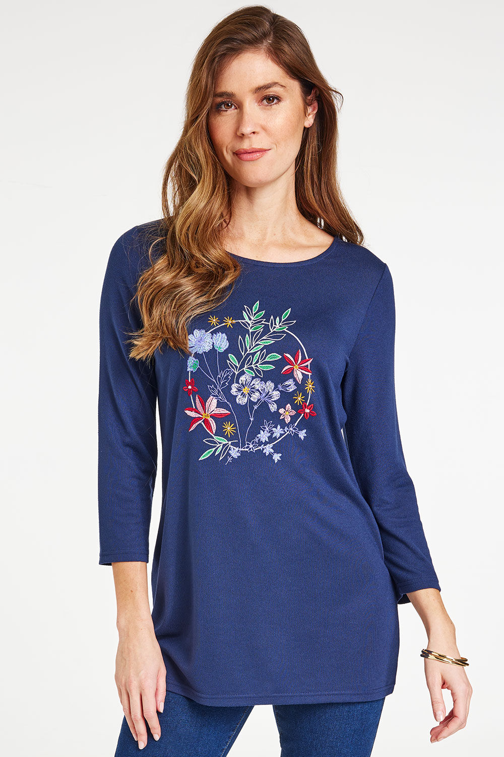 Bonmarche Navy 3/4 Sleeve Circle Floral Embroidered Soft Touch Top, Size: 14