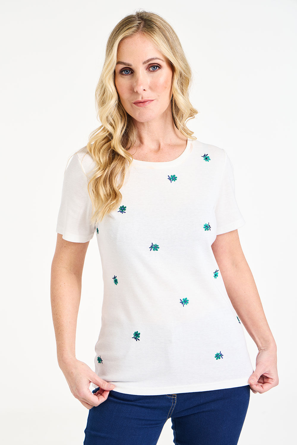 Bonmarche White Short Sleeve Embroidered Daisy T-Shirt, Size: 28