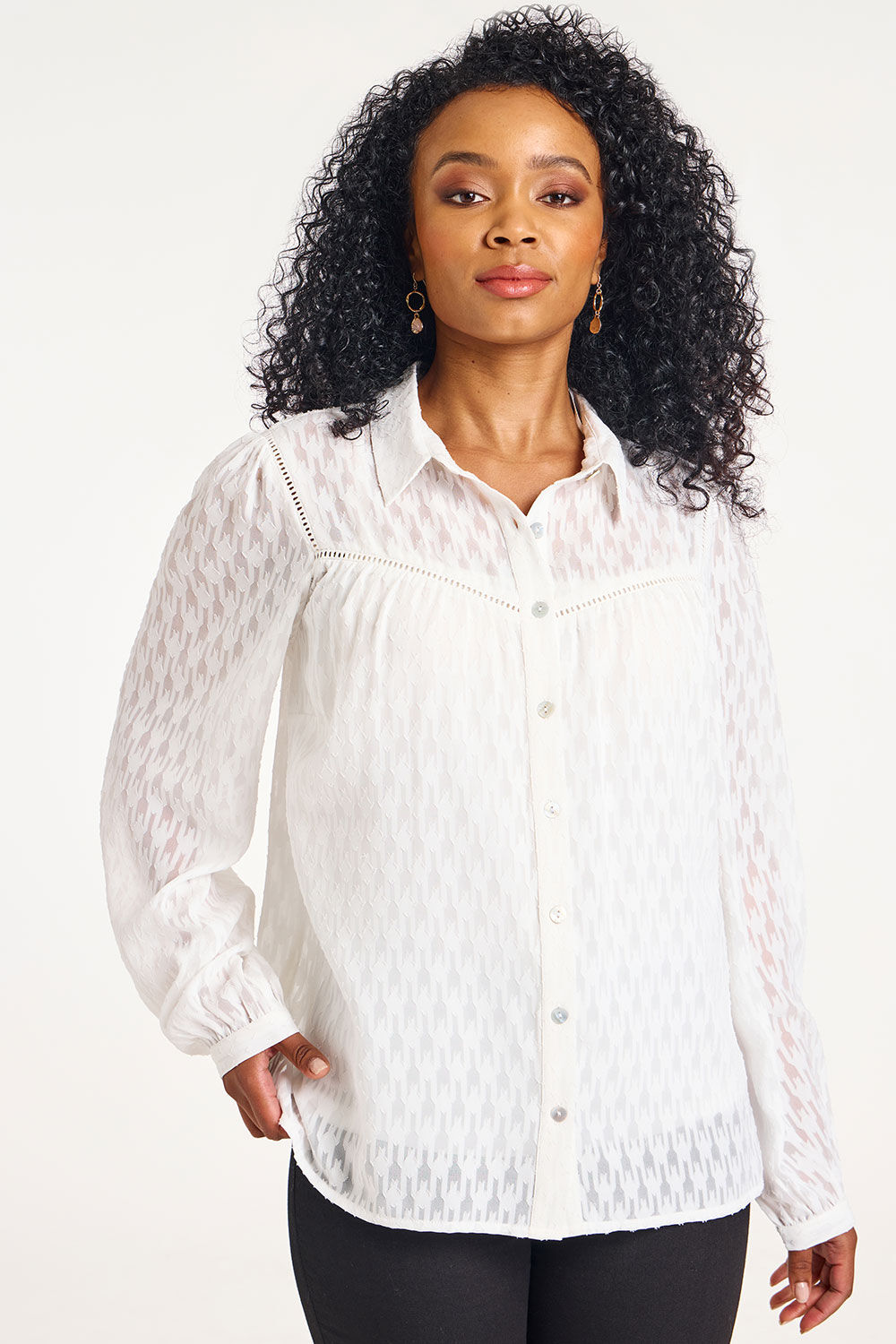 Bonmarche Ivory Long Sleeve Button Through Textured Blouse, Size: 22
