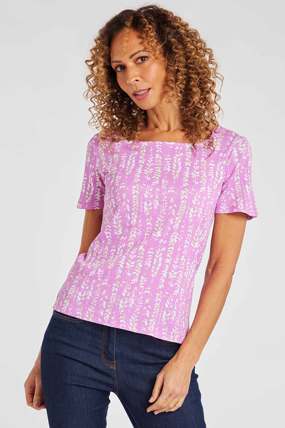 Bonmarche Pink/White Short Sleeve Wild Seed Printed Square Neck Top, Size: 20