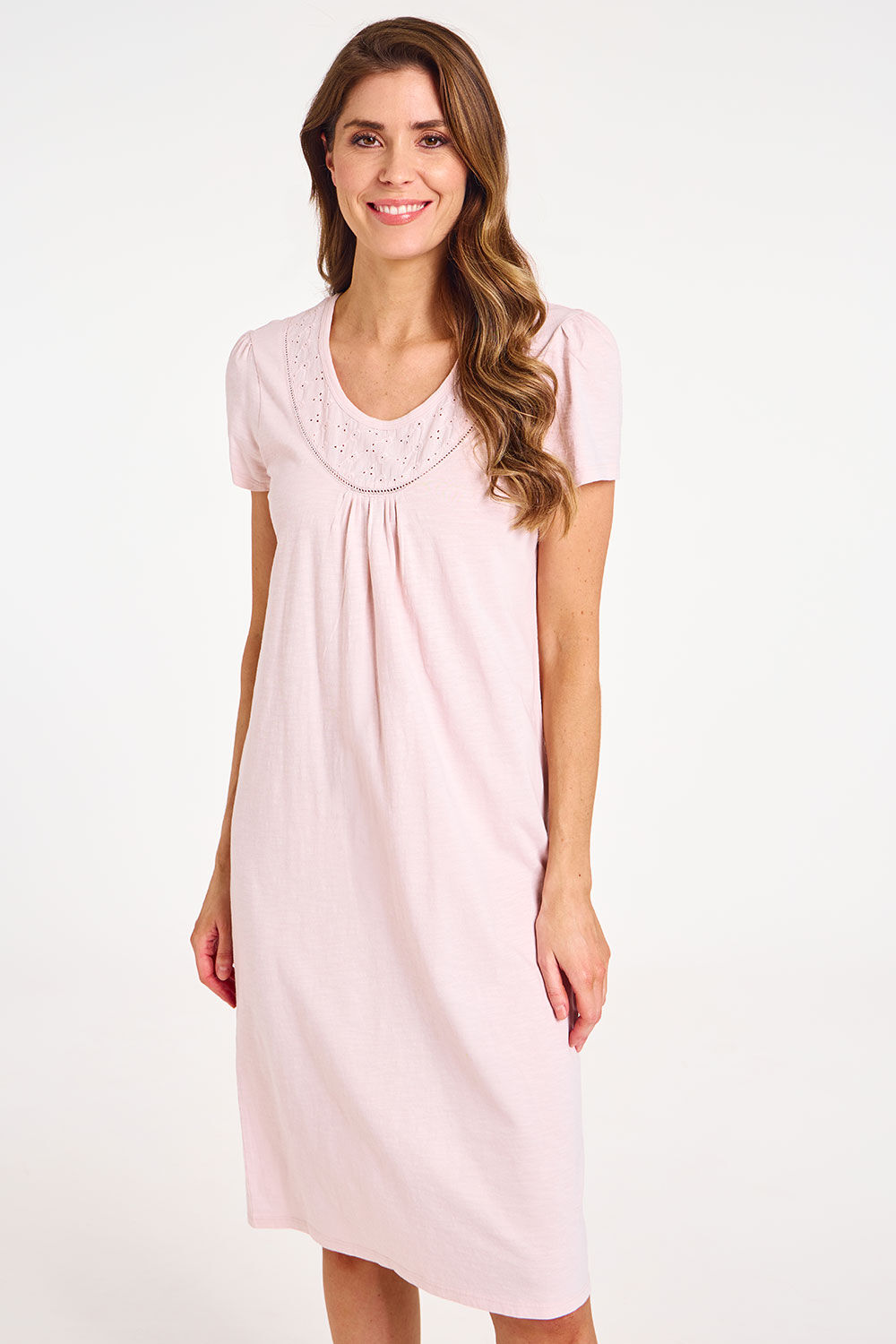 Bonmarche Pink Short Sleeve Broderie and Jersey Nightdress, Size: 14