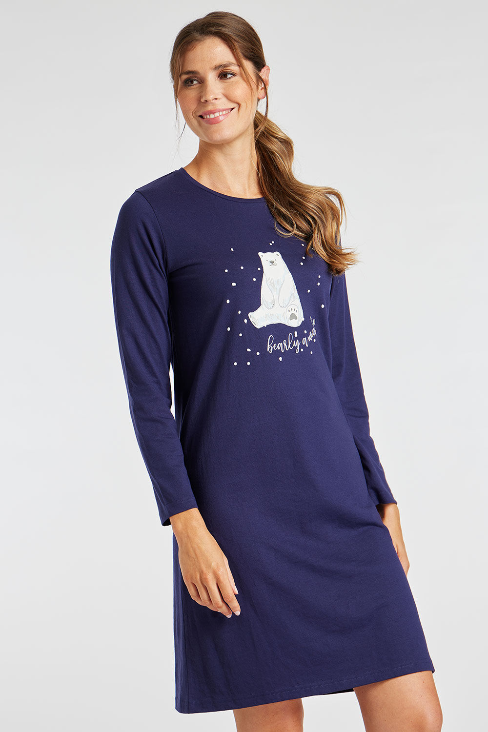 Bonmarche Navy Long Sleeve Polar Bear Print Jersey Nightdress, Size: 16-18