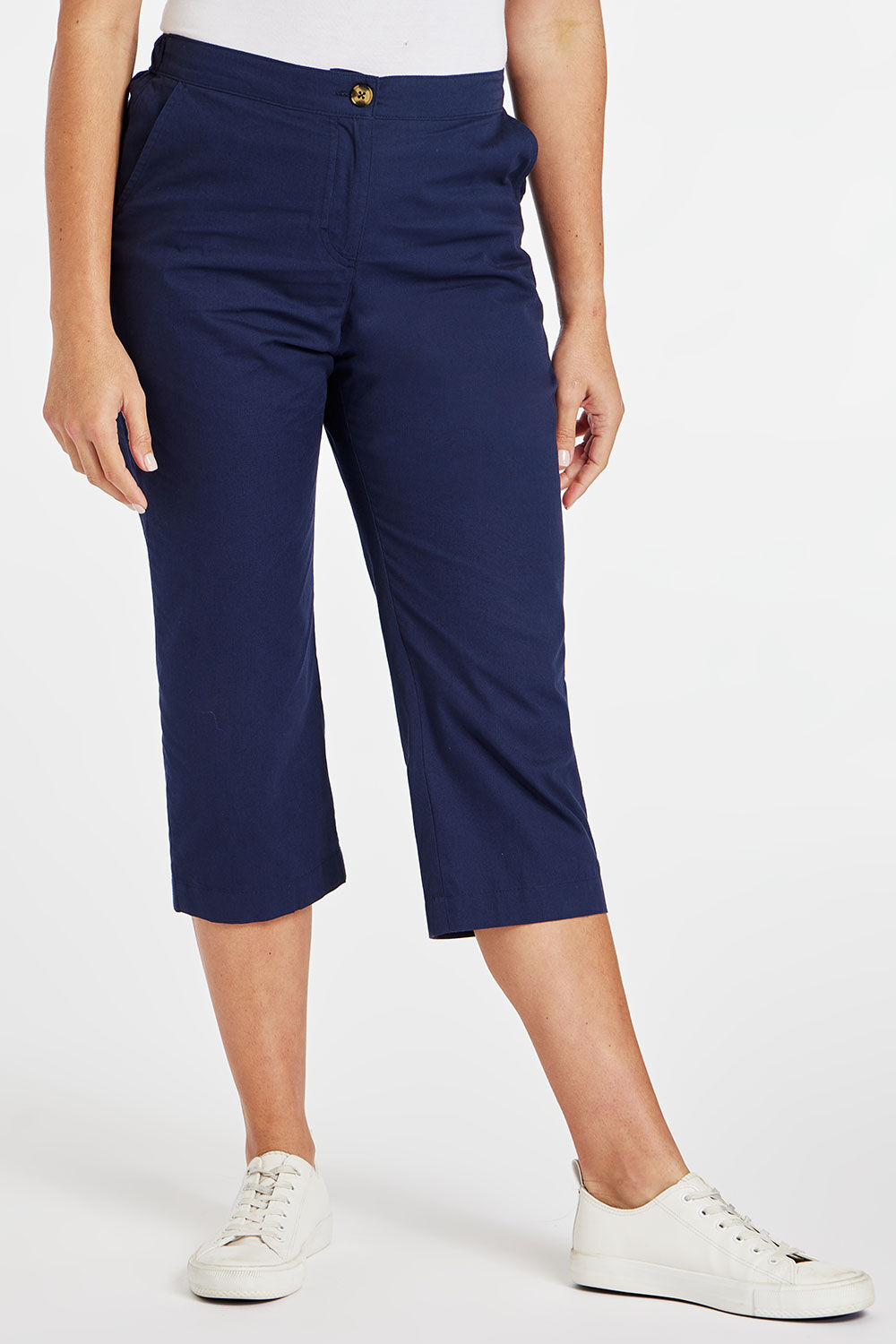 Bonmarche Navy Cropped Elasticated Trousers, Size: 16