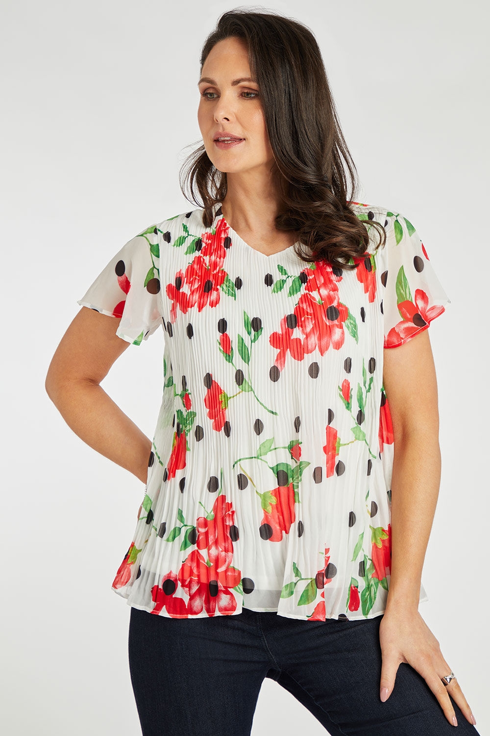 Bonmarche Red Flower and Sport Printed Pleated Chiffon Top, Size: 1
