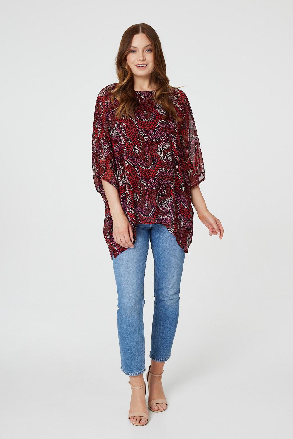 Izabel London Red - Printed 3/4 Sleeve Oversized Top, Size: 12