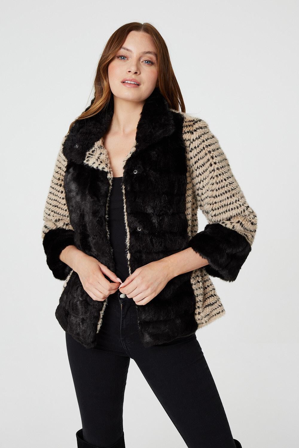 Izabel London Women’s Black and Beige Striped Faux Fur 3/4 Sleeve Jacket, Size: 18