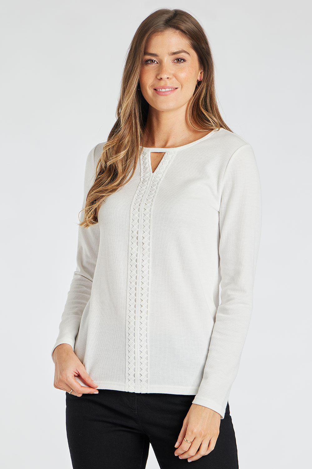 Bonmarche Ivory Long Sleeve Lace Front Rib Back Top With Notch Detail, Size: 10
