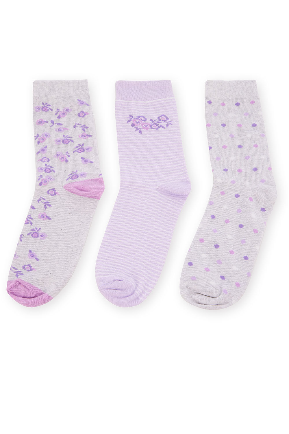 Bonmarche 3 Pack Lilac Floral and Grey Marl Design Socks, Size: One Size