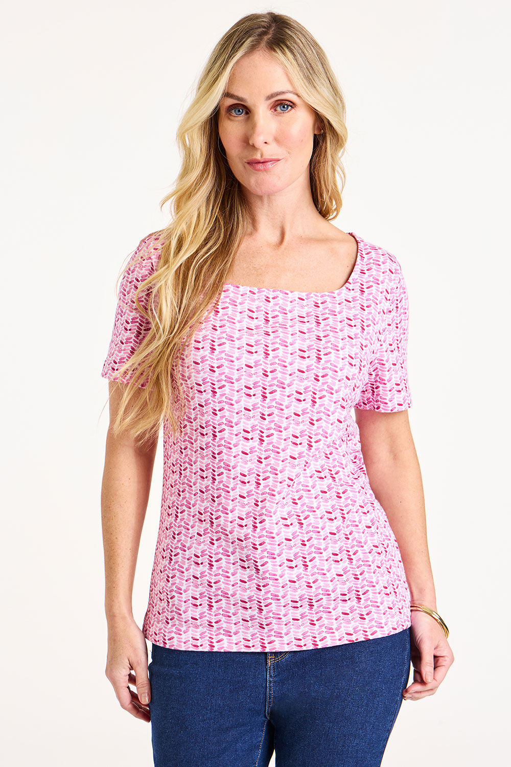 Bonmarche Women’s Pink Cotton Chevron Print Classic Short Sleeve Dot Square Neck T-Shirt, Size: 12