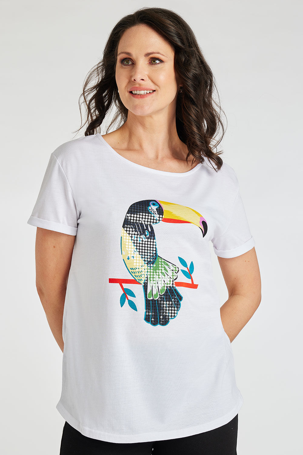 Bonmarche White Short Sleeve Toucan Print T-Shirt, Size: 12
