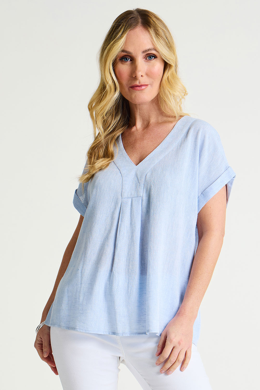 Bonmarche Blue Short Sleeve Pleated Linen Blend V-Neck Top, Size: 18