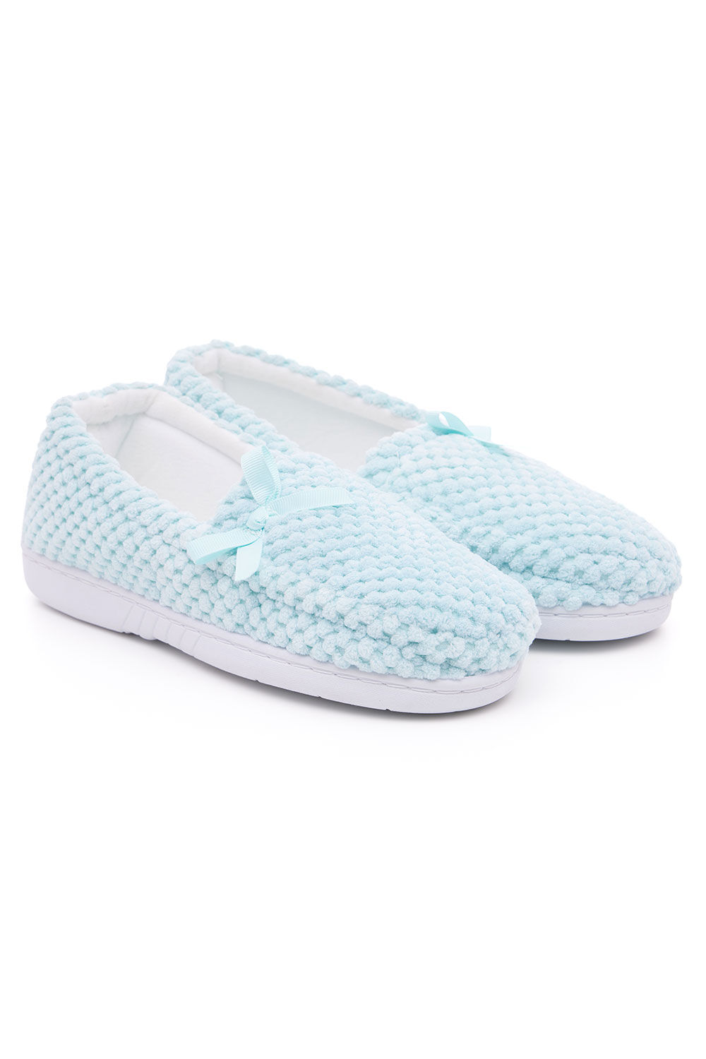 Bonmarche Blue Fleece Moccasin Slippers With Bow Detail, Size: 8