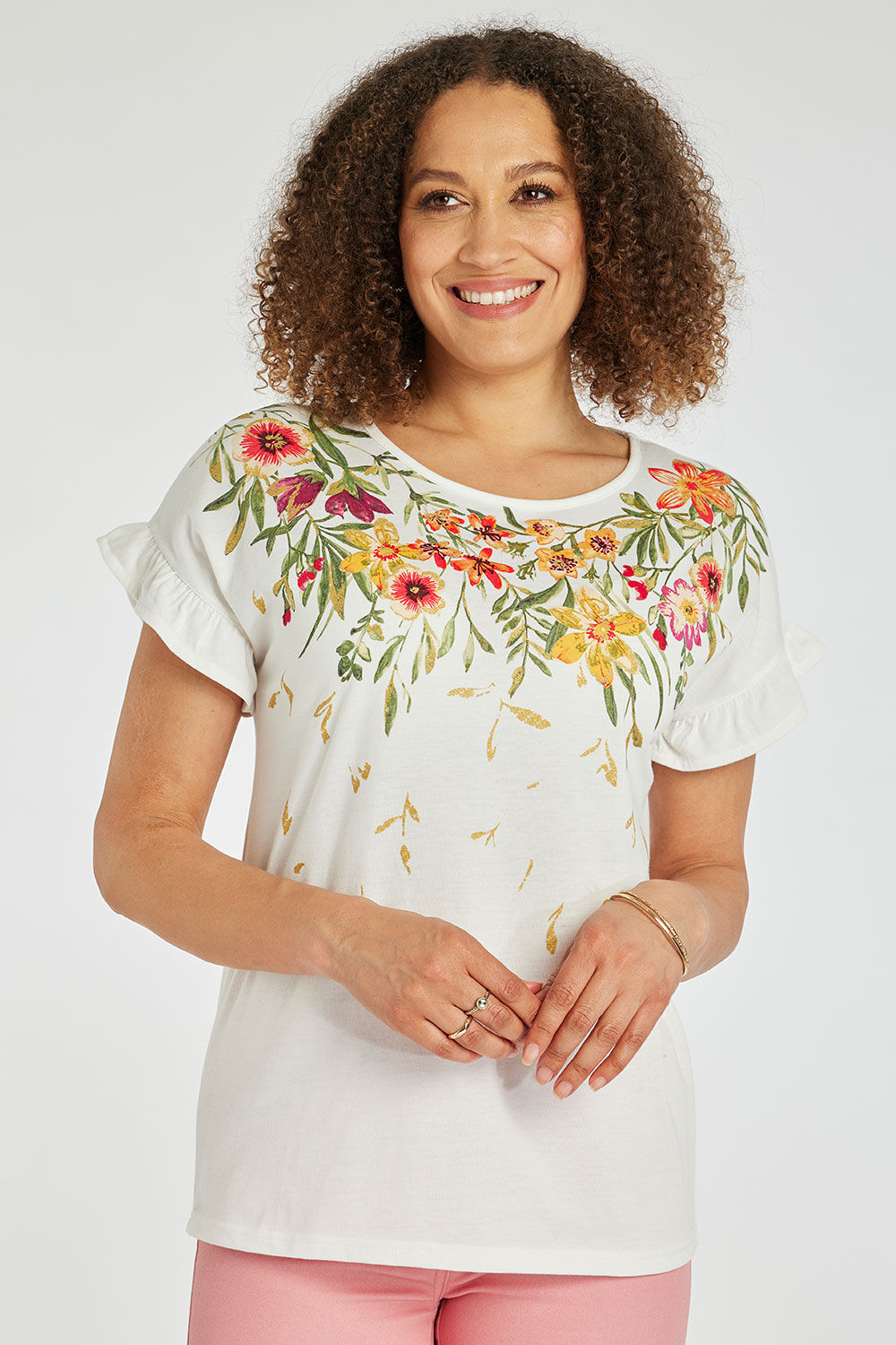 Bonmarche Ivory Short Sleeve Trailing Floral T-Shirt, Size: 12