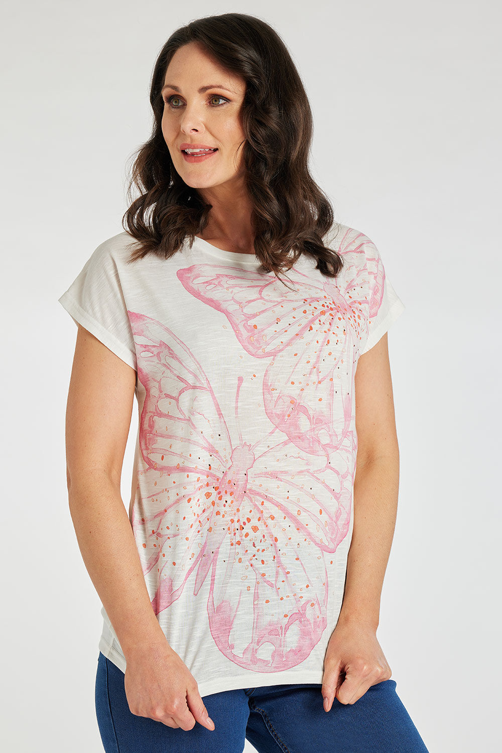 Bonmarche Pink Short Sleeve Oversized Butterfly T-Shirt, Size: 14