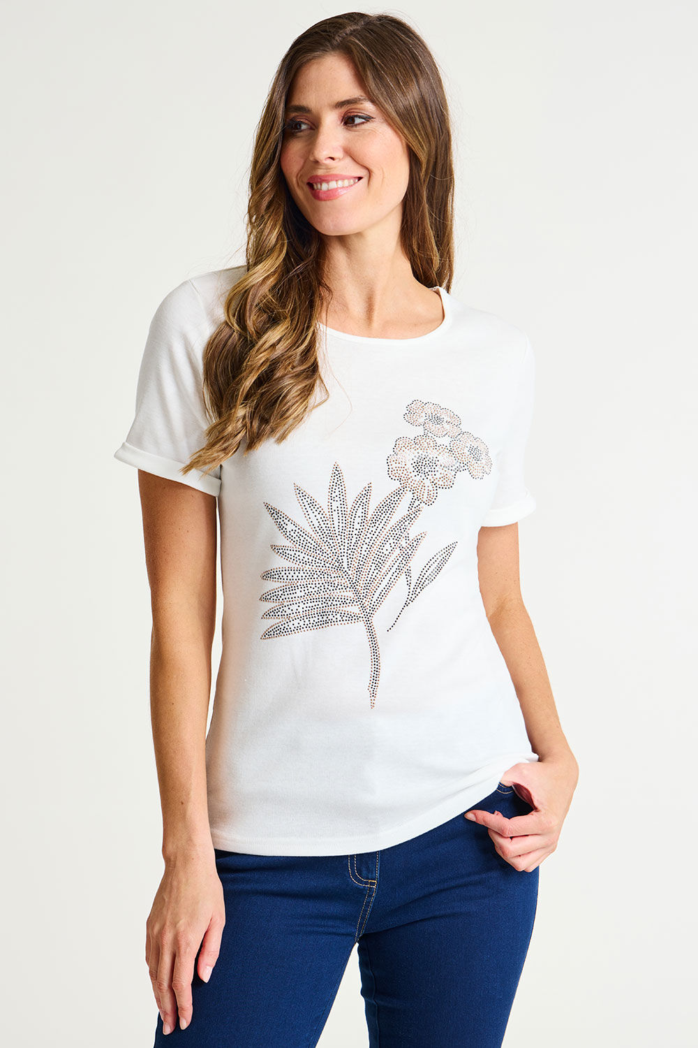 Bonmarche Ivory SS Hotfix Palm Linen Look Tee, Size: 12 - Holiday Shop