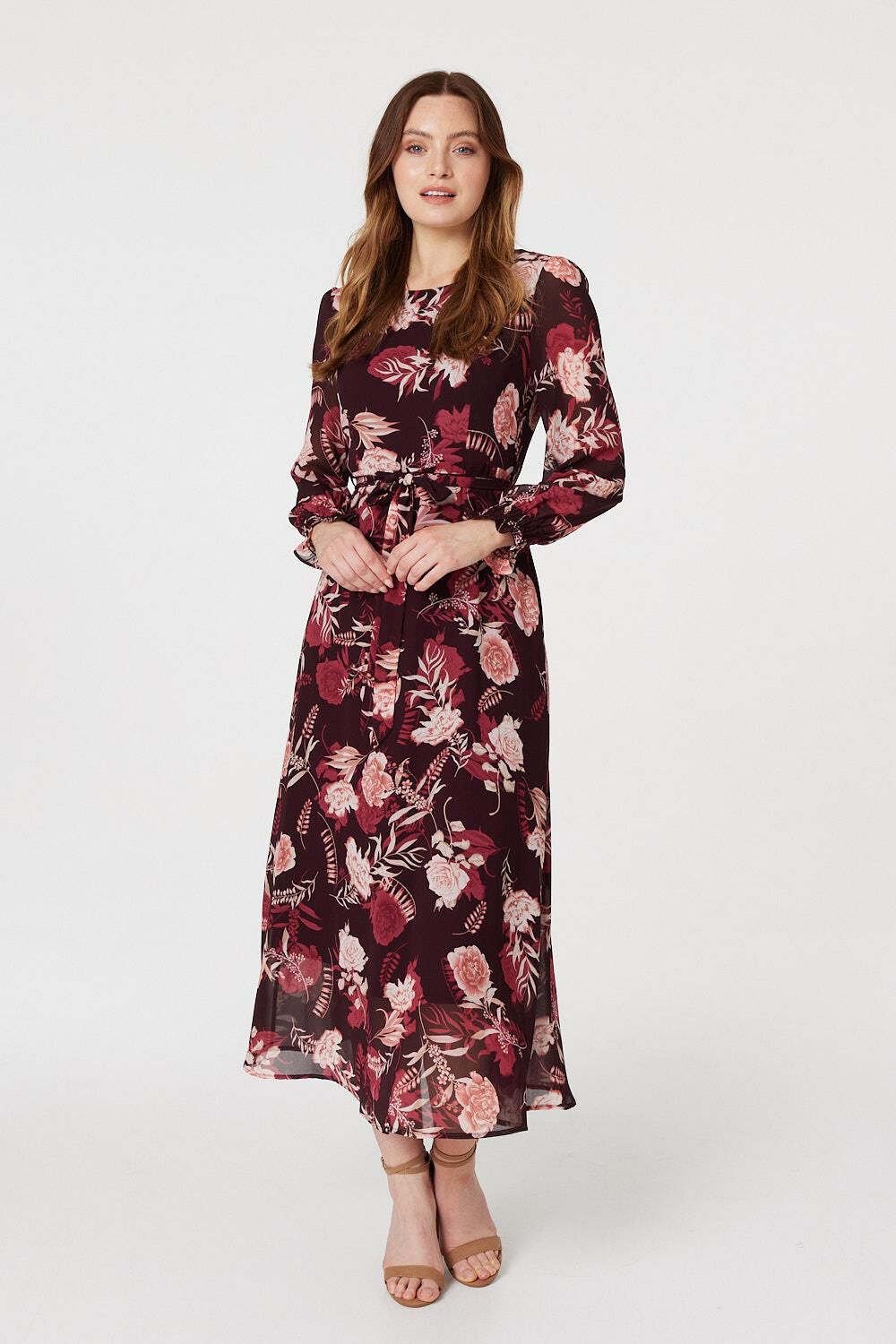 Izabel London Burgundy - Floral Long Sleeve A-Line Dress, Size: 12