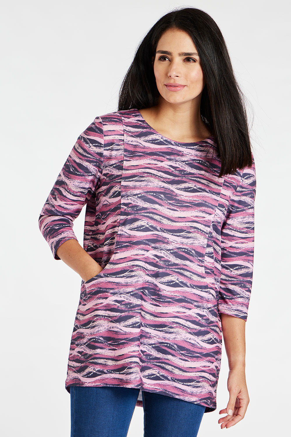 Bonmarche Women’s Pink Striped 3/4 Sleeve Wavy Print Soft Touch Tunic with Pocket Detail, Size: 14