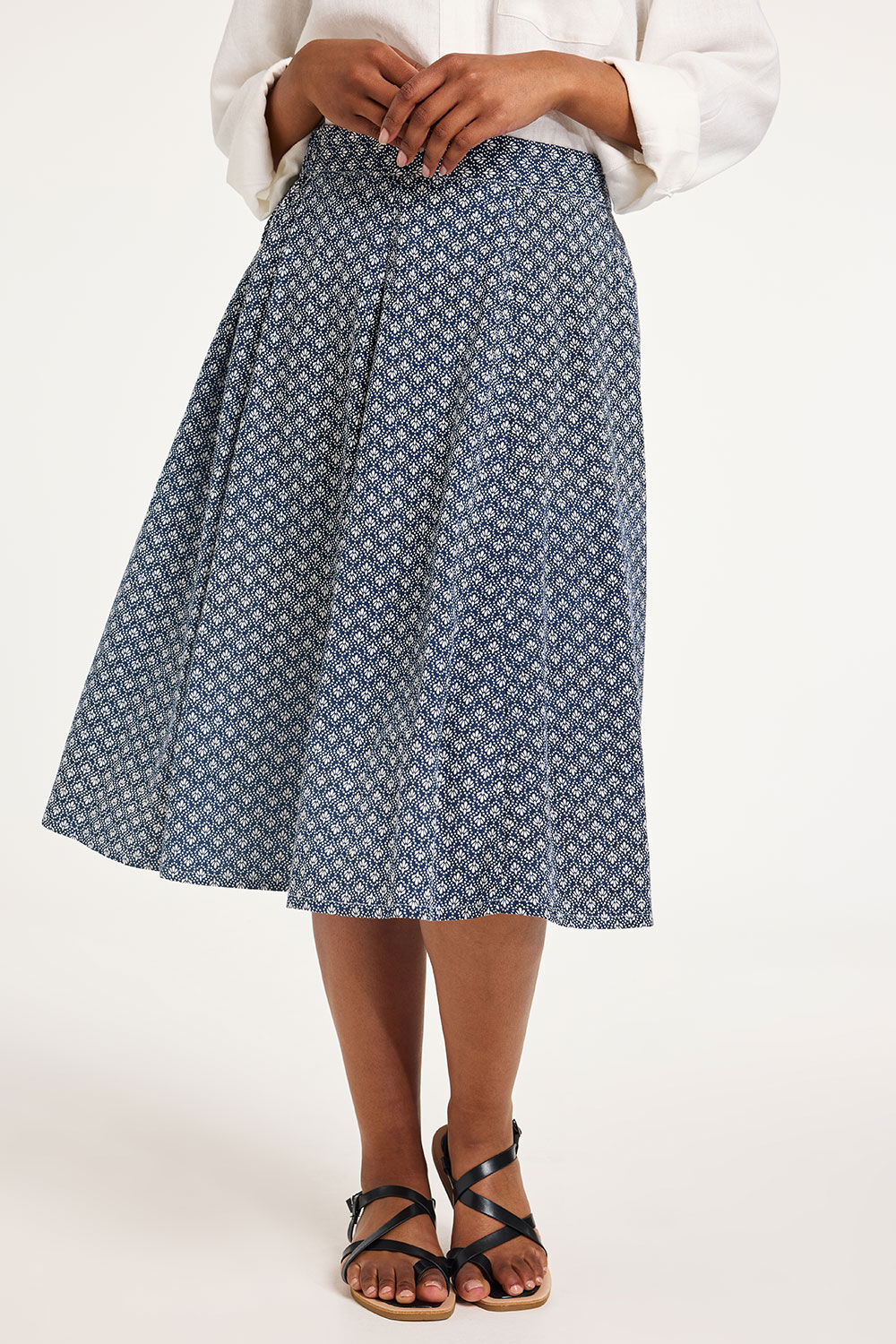 Bonmarche Navy Tile Print Linen Flippy Skirt, Size: 14