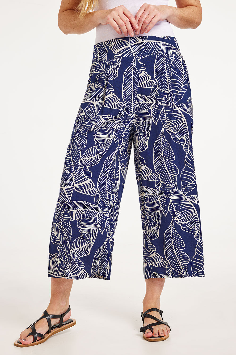 Bonmarche Navy Palm Print Pleated Front Cropped Trousers, Size: 10