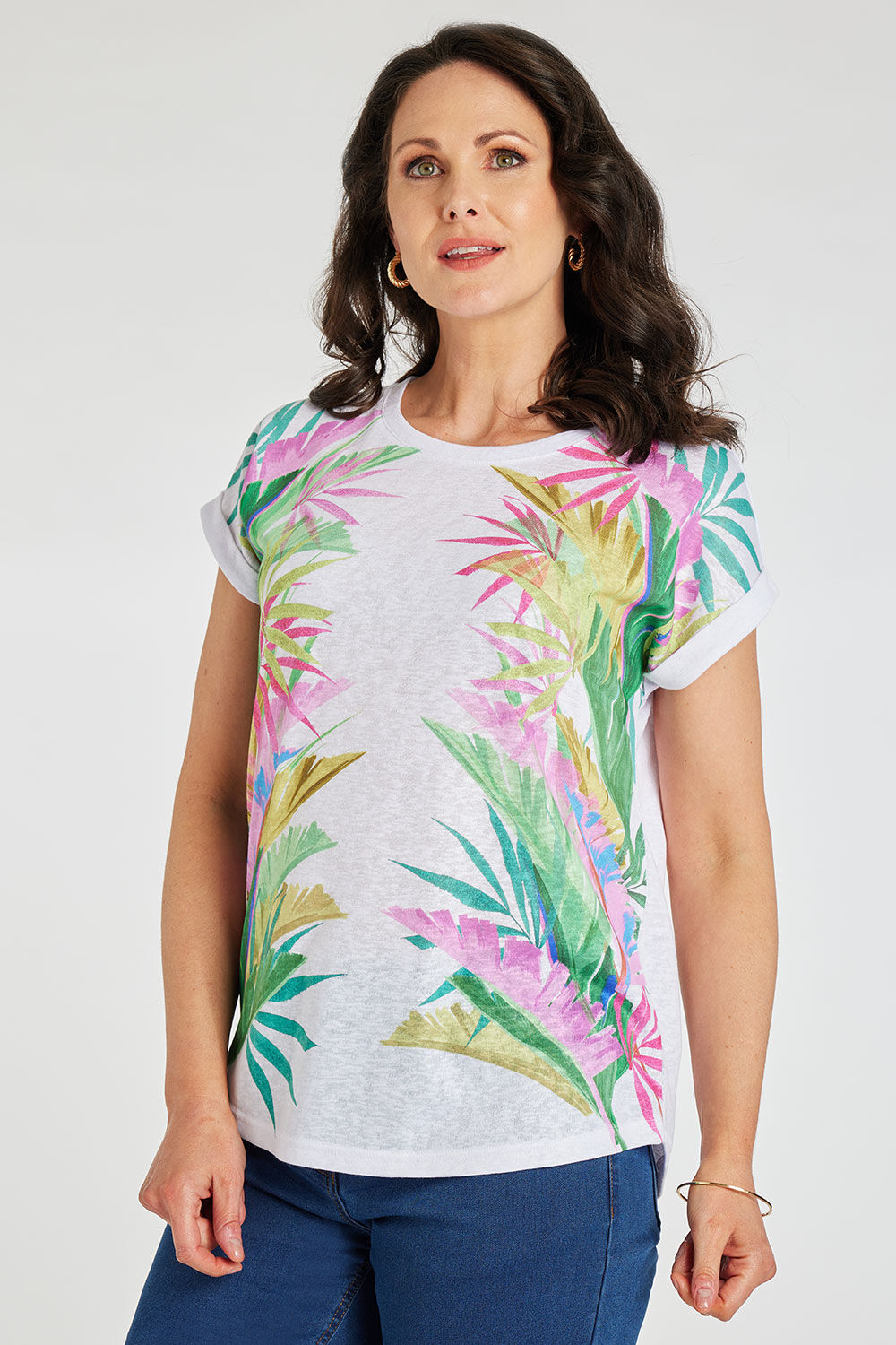 Bonmarche White Short Sleeve Palm Print Linen Look T-Shirt, Size: 12