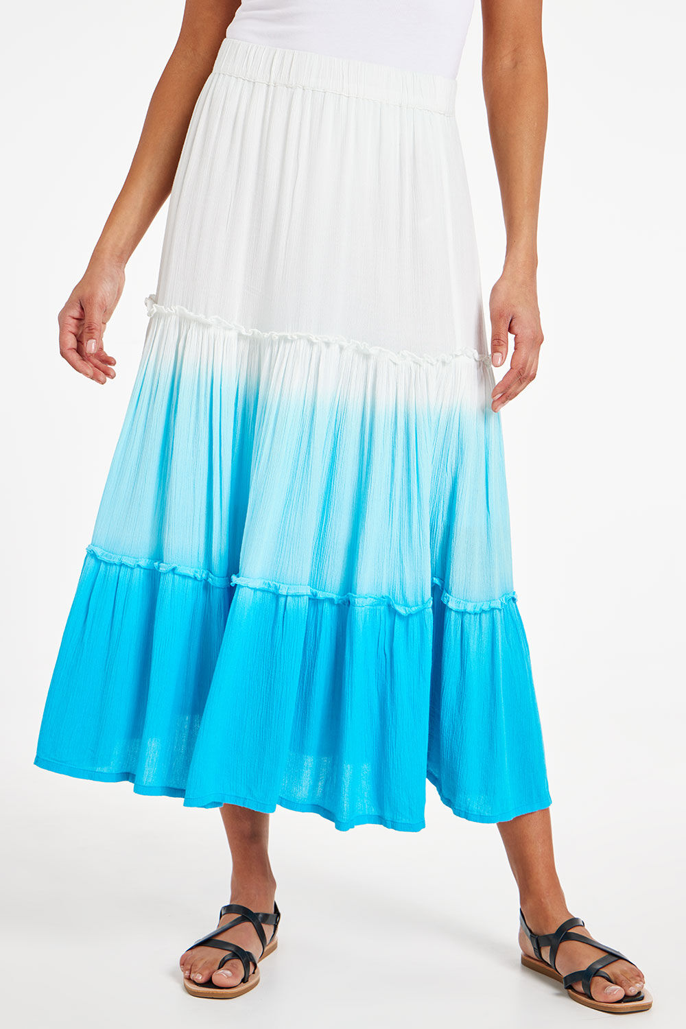 Bonmarche Turquoise Elasticated Ombre Tiered Skirt, Size: 12