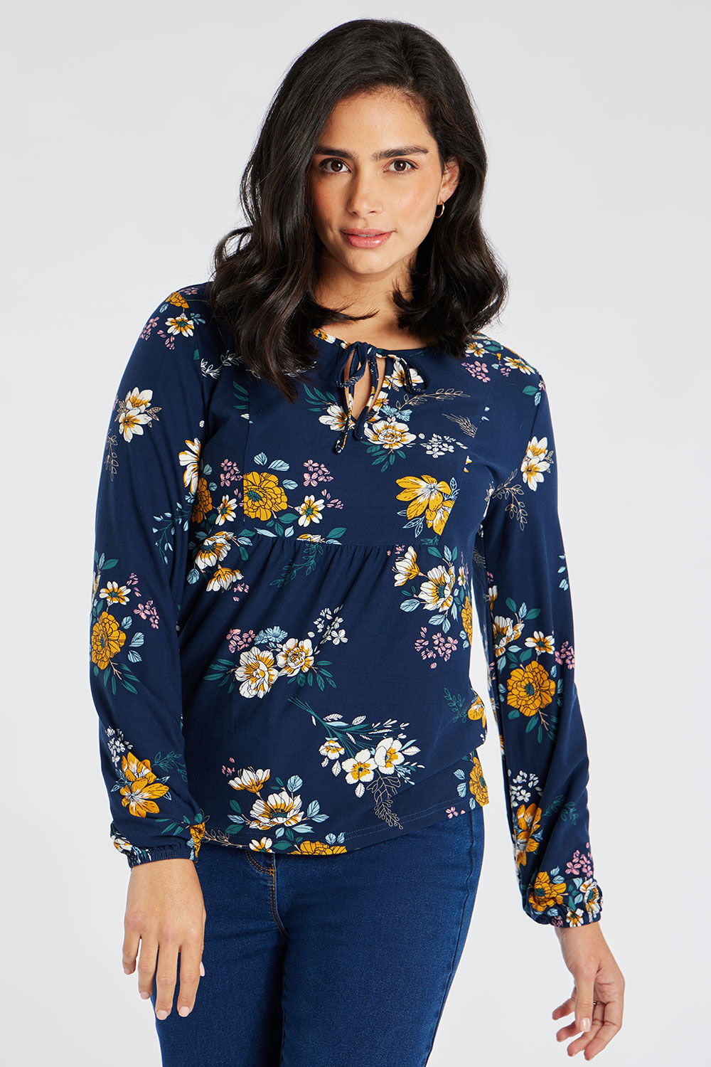 Bonmarche Navy Long Sleeve Spaced Floral Print Soft Touch Top, Size: 10