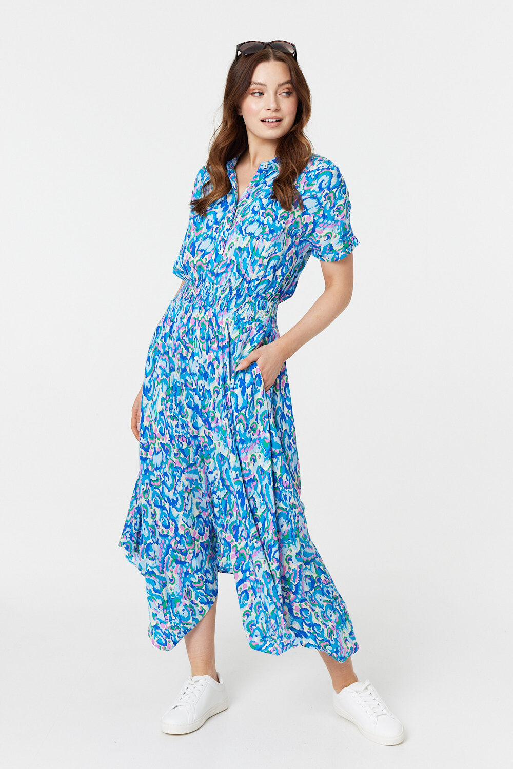 Izabel London Blue - Printed Asymmetric Midi Dress, Size: 18