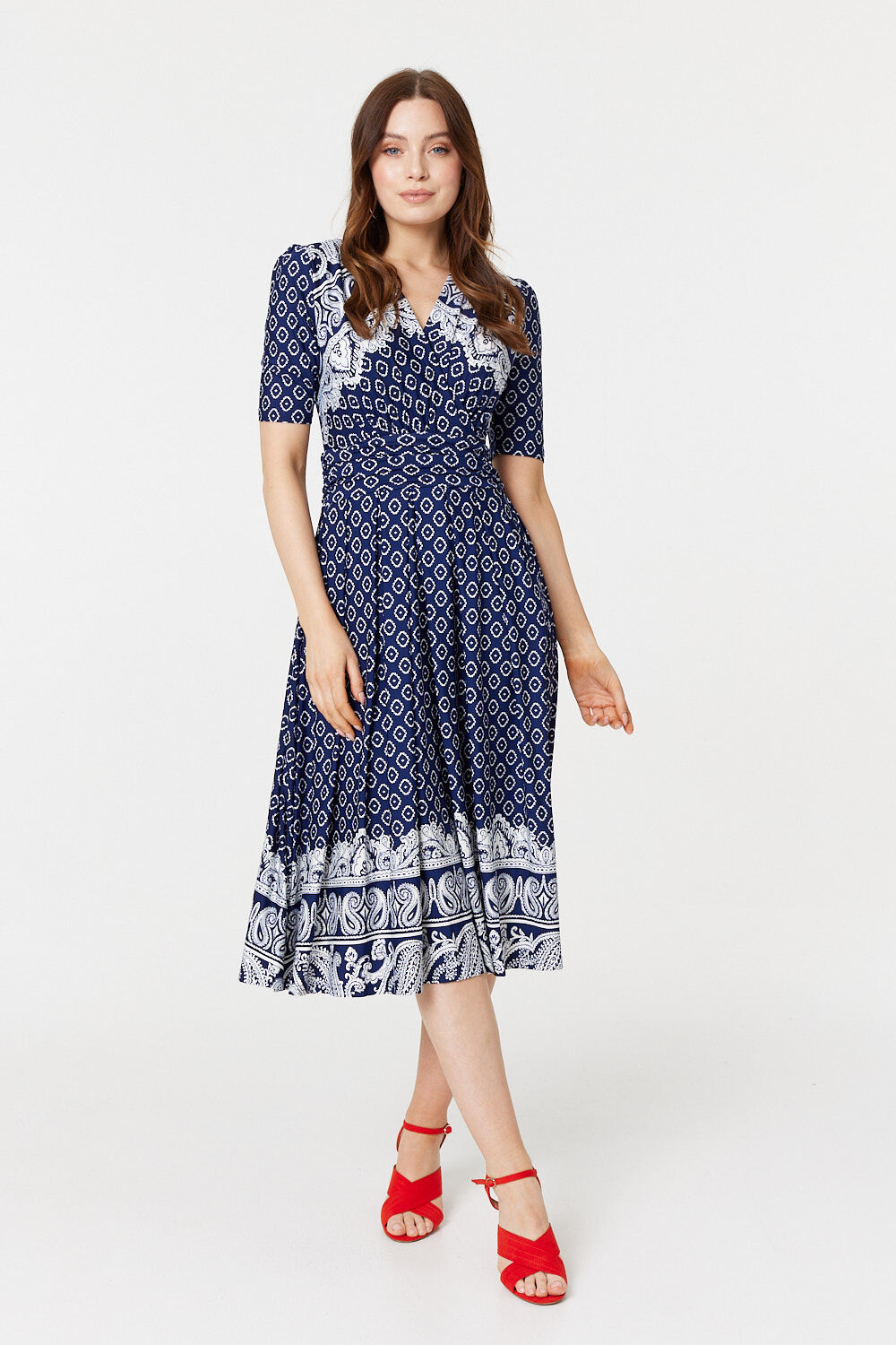 Izabel London Navy - Printed 1/2 Sleeve Midi Dress, Size: 18