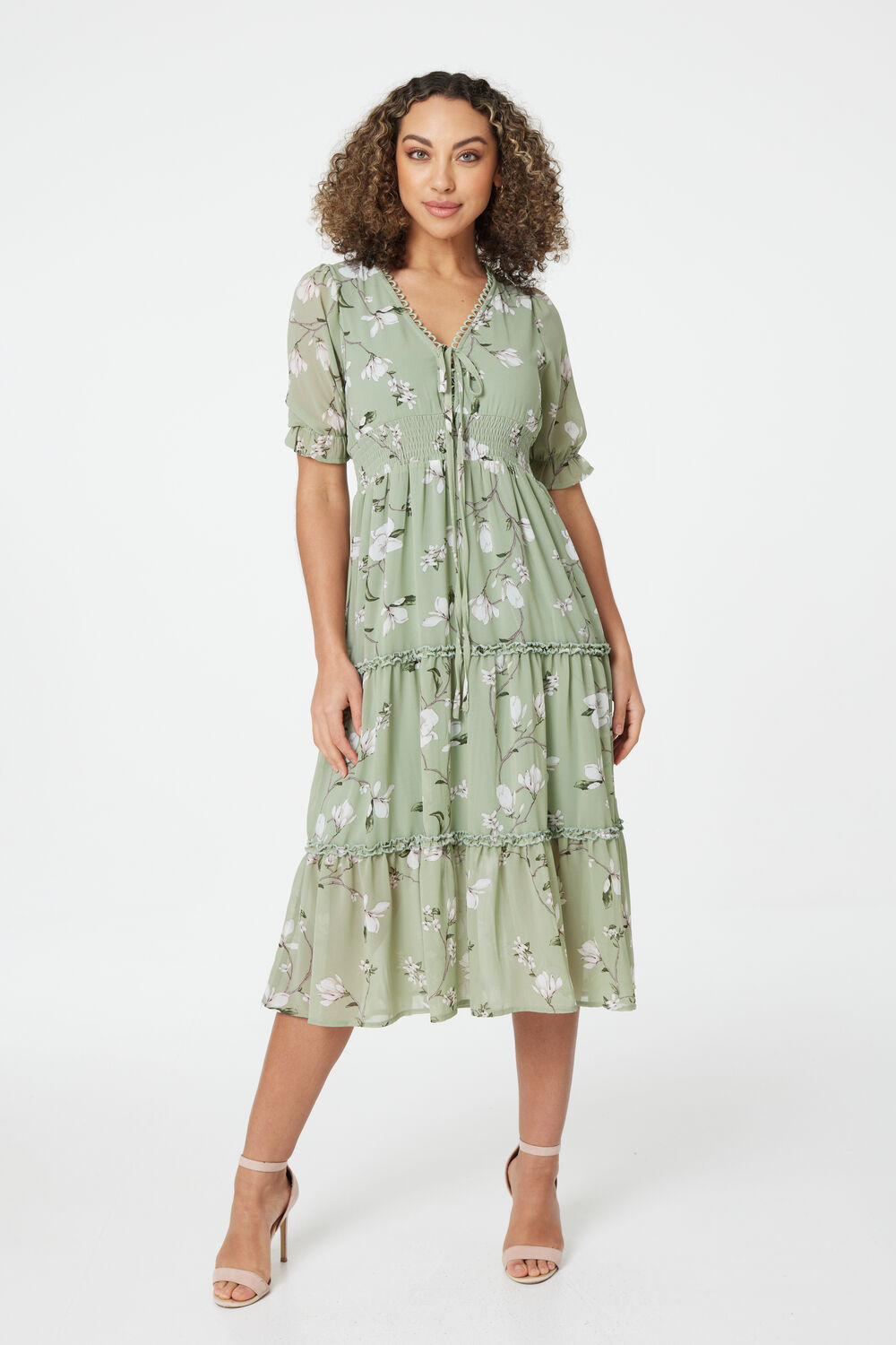 Izabel London Women’s Green Floral Tie Front Midi Tea Dress, Size: 10