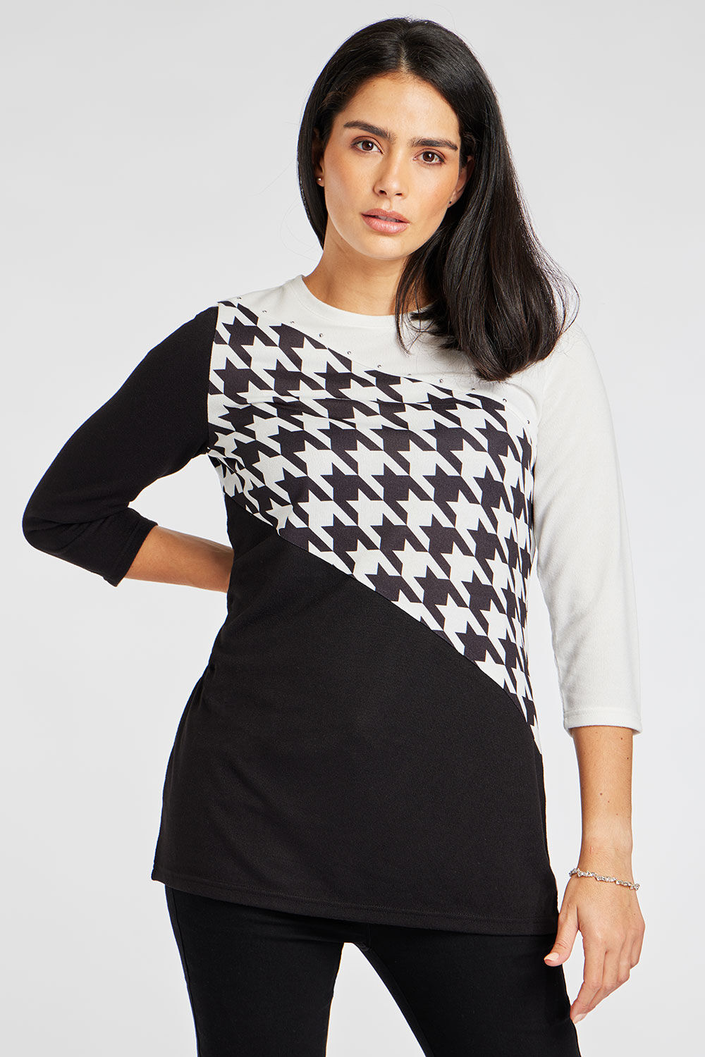 Bonmarche Black 3/4 Sleeve Dogtooth Print Soft Touch Tunic, Size: 10
