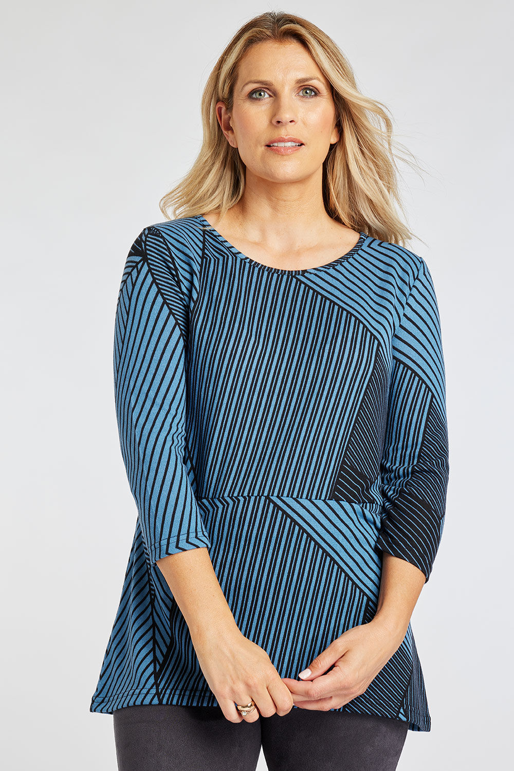 Bonmarche Navy 3/4 Sleeve Soft Touch Tunic With Striped Pocket Detail, Size: 12