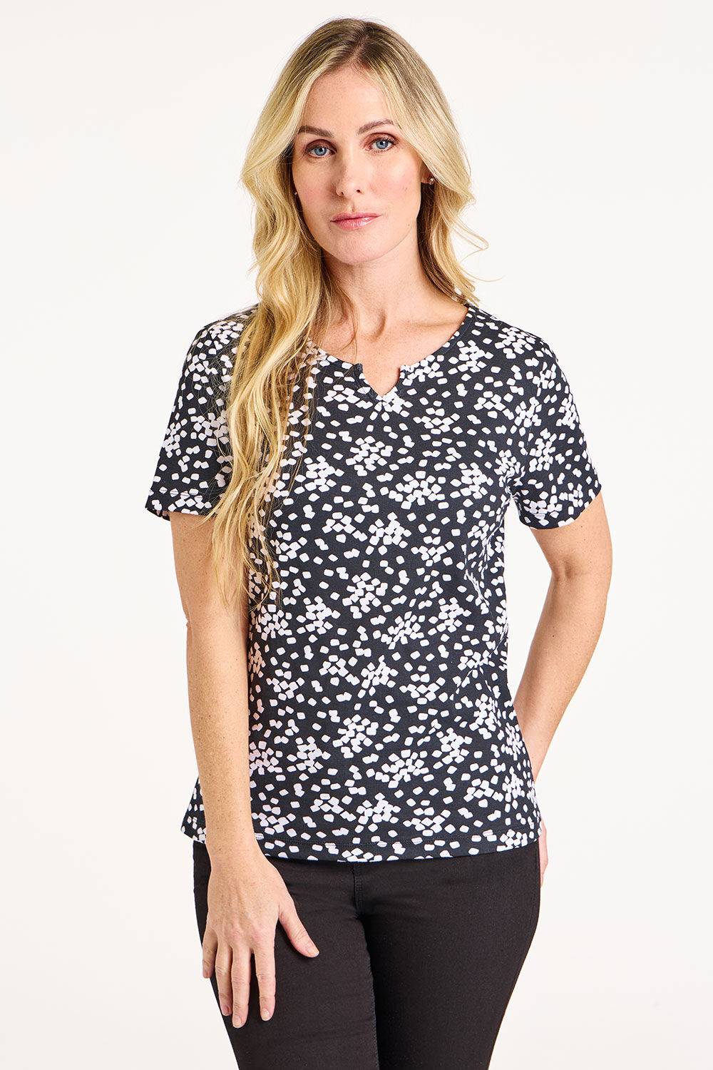 Bonmarche Black Short Sleeve Mosaic Print Notch Neck T-Shirt, Size: 12