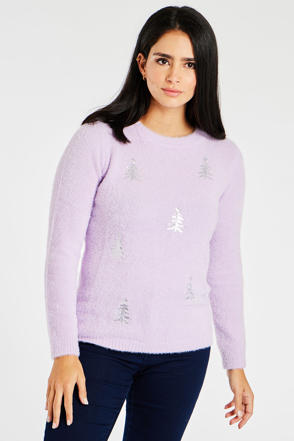 Bonmarche Lilac Fluffy Sequin Christmas Tree Jumper, Size: 28