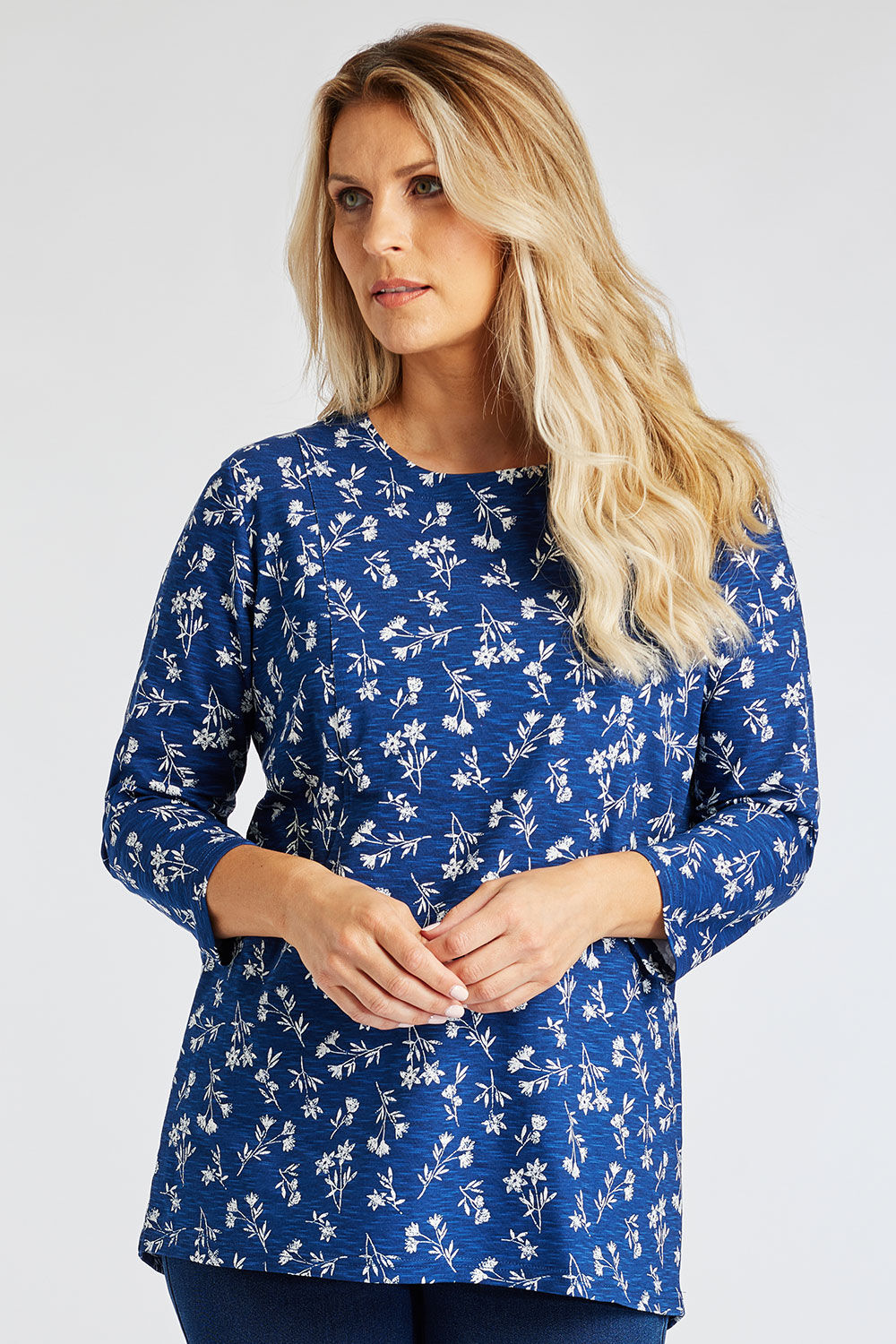 Bonmarche Navy 3/4 Sleeve Floral Sprig Tunic With Pocket Detail, Size: 10