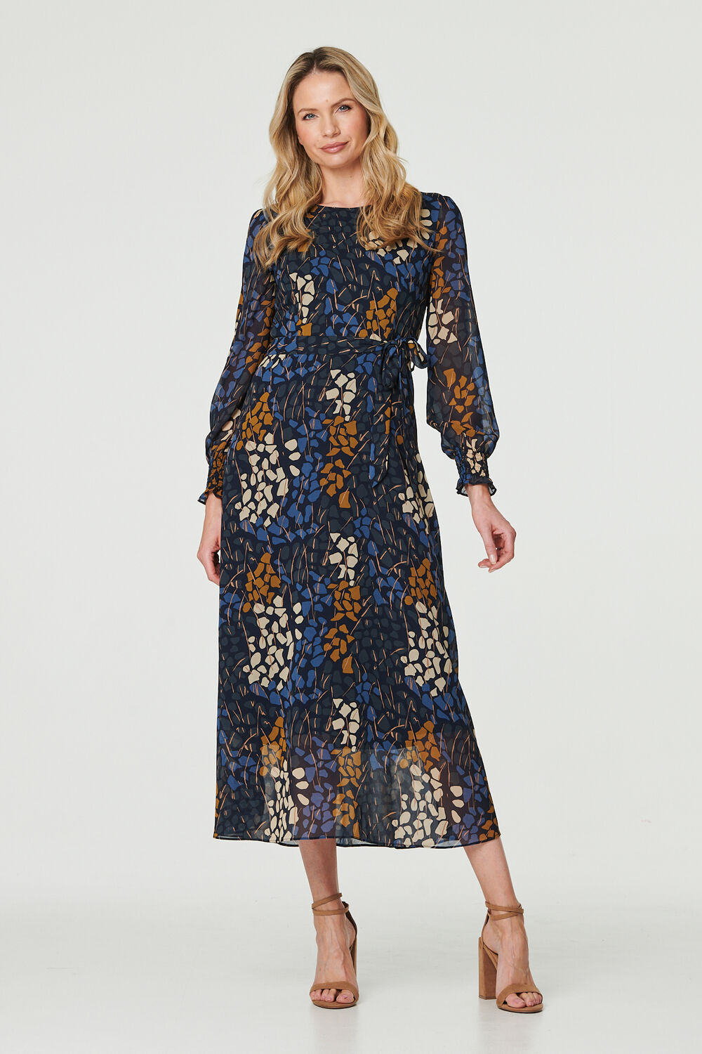 Izabel London Navy - Printed Long Puff Sleeve Midi Dress, Size: 18