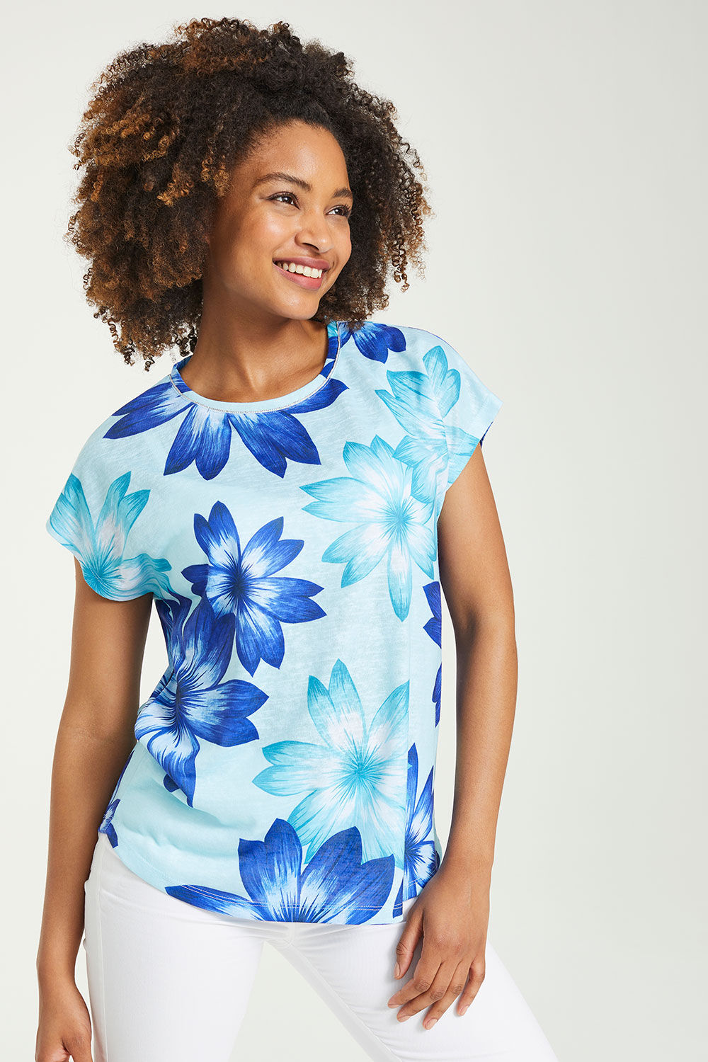 Bonmarche Aqua Short Sleeve Dahlia Print Linen Look T-Shirt, Size: 22