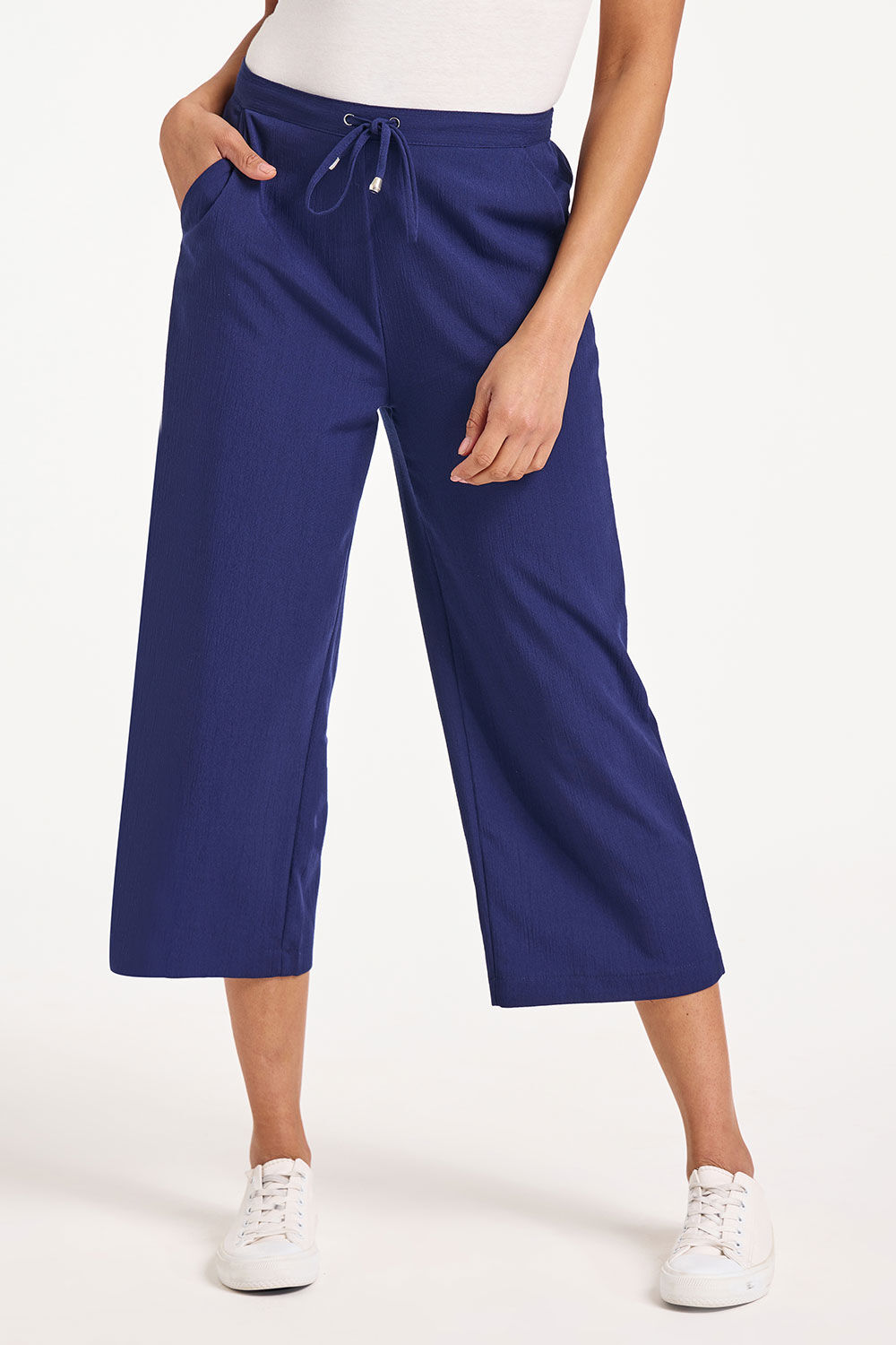 Bonmarche Navy Textured Wide Leg Elasticated Cropped Trousers, Size: 10