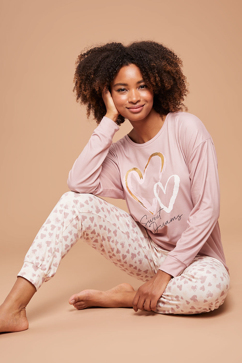 Bonmarche Pink Long Sleeve Heart Print Cuffed Hem Pyjama Set, Size: 16-18