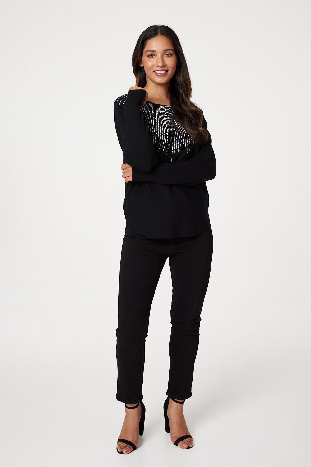 Izabel London Black - Embellished Front Knit Jumper, Size: S